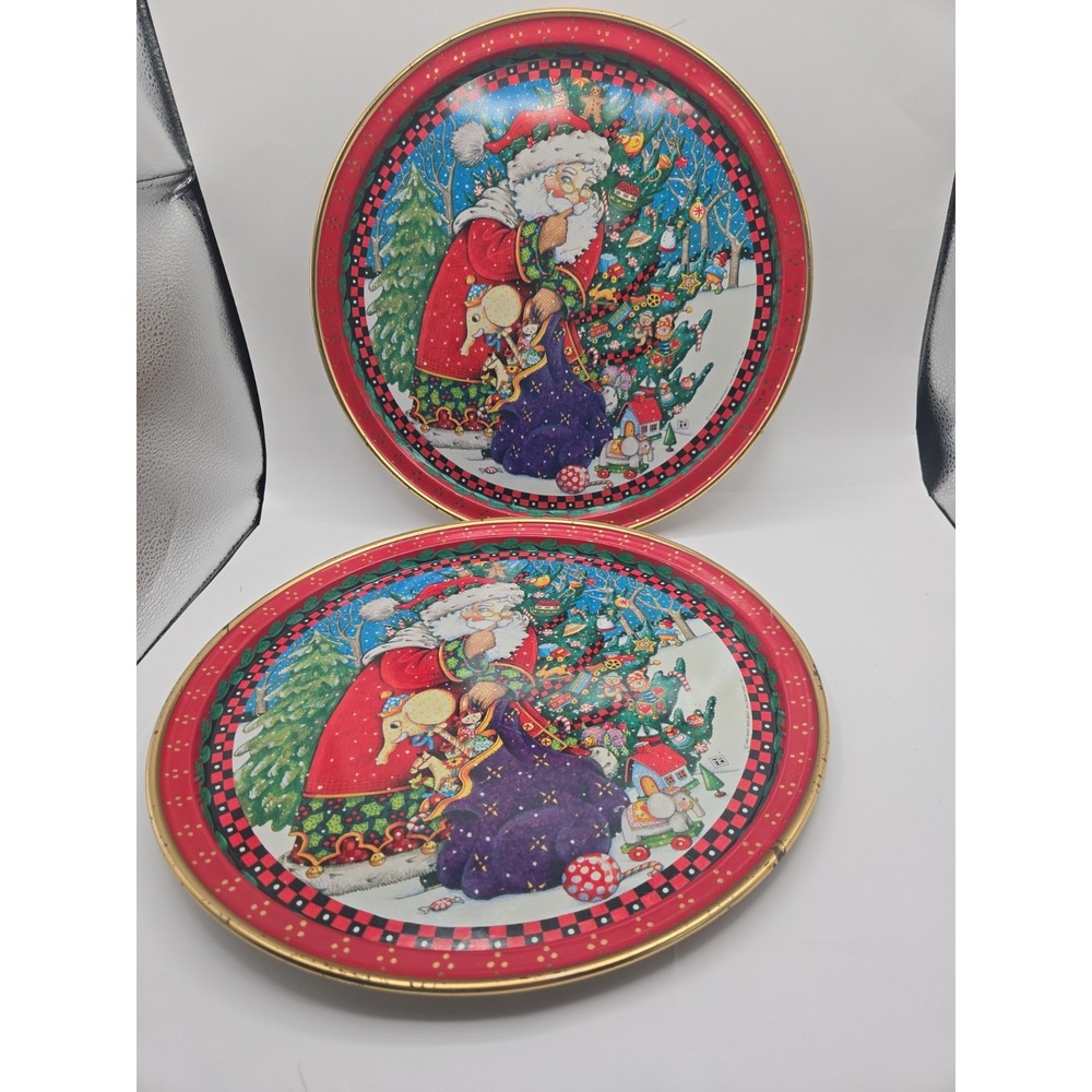 2 Vintage Hallmark 1992 Mary Engelbreit Tin Metal Tray SANTA CLAUS